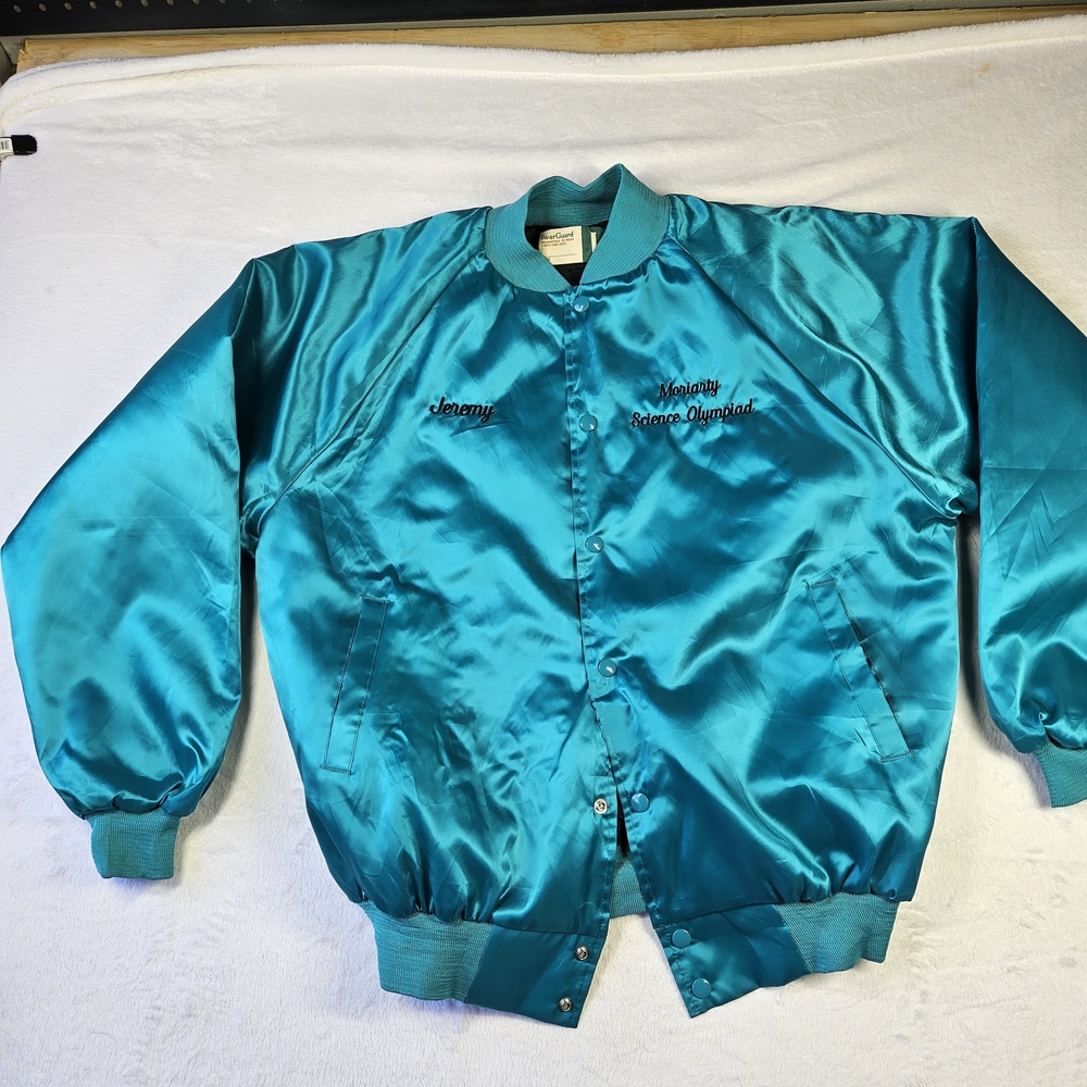 Vintage WearGuard Satin Bomber Jacket Large Teal Moriarty Science Olympiad Jerem